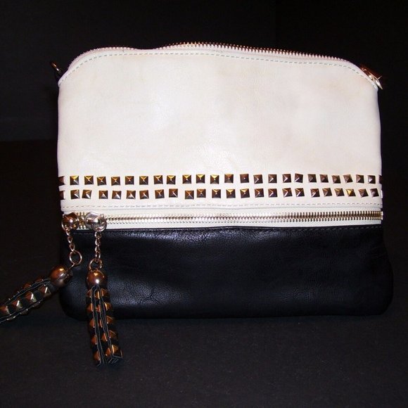 MMS Handbag Clutch Purse Tan Black Two Tone Studs Tassels Bag Gold Hardware - Picture 3 of 6